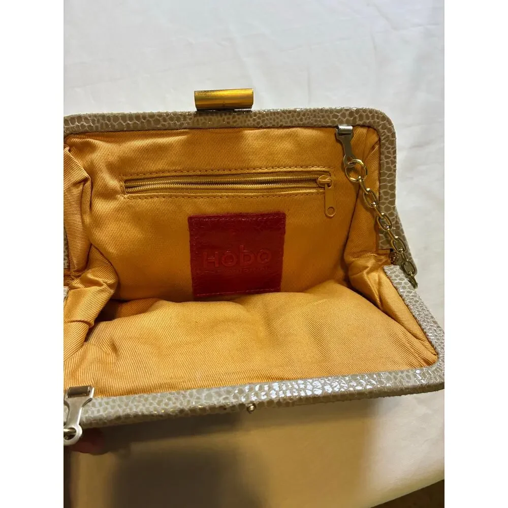 Y2K HOBO The Original Leather Frame Clutch Taupe Snakeskin Embossed Evening Bag